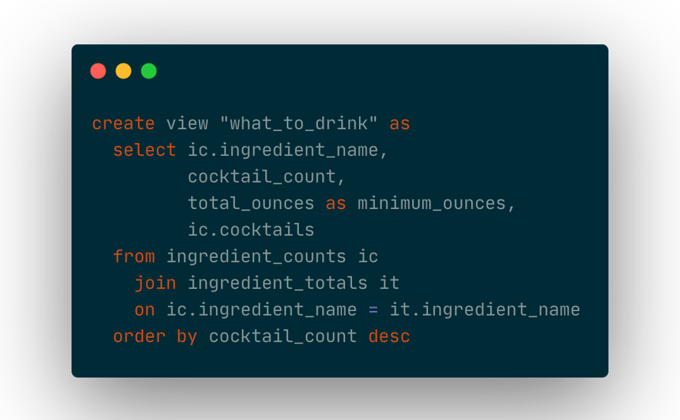 SQL source code creating a view called "what to drink"